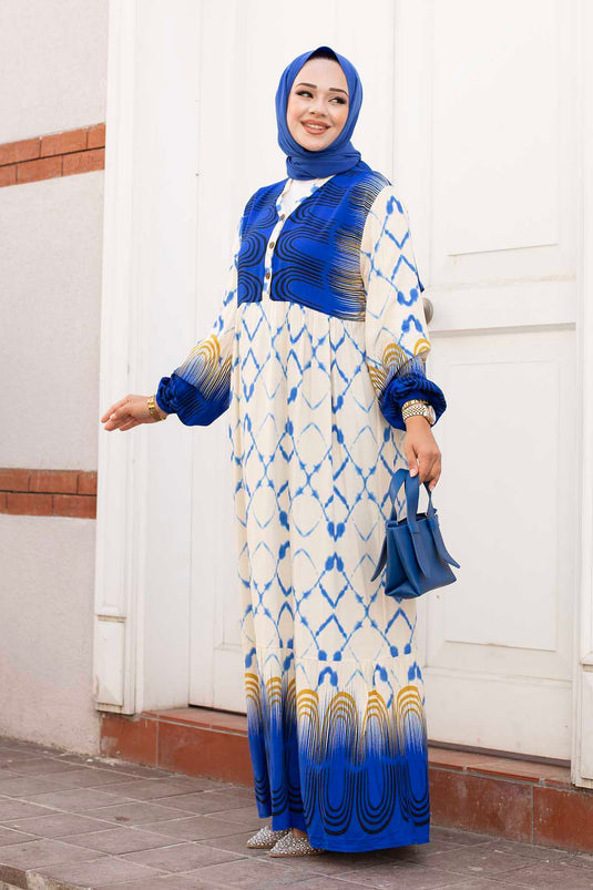 Waterige viscose hijabjurk met patroon indigo