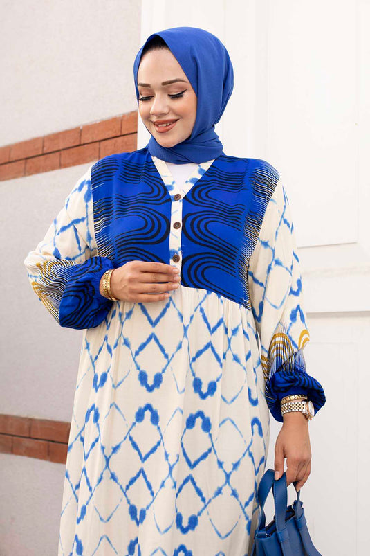 Waterige viscose hijabjurk met patroon indigo