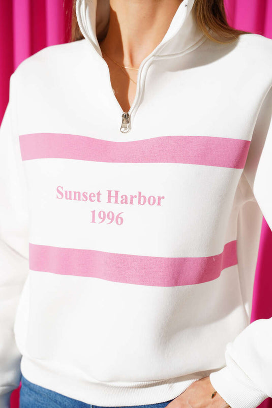 سويت شيرت وردي اللون بسحاب أمامي وطبعة غروب الشمس، مصنوع من ثلاثة خيوط