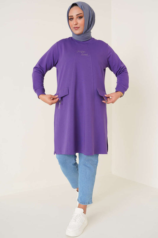 Tunique Grande Taille avec Cache Poche Ornementale Lilas