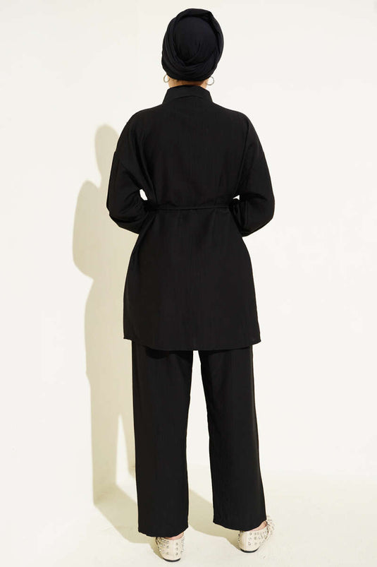 Zweiteiliger Anzug mit verziertem Seilgürtel Schwarz