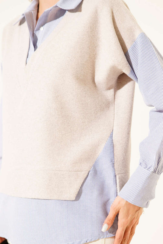 Sweater with Trimmed Shirt, Beige