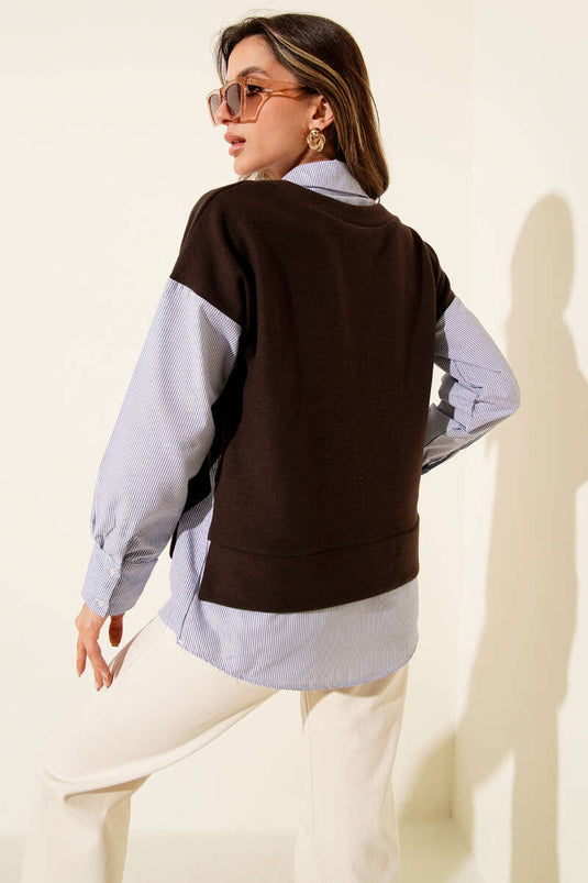 Pullover mit besticktem Hemd, Kaffee