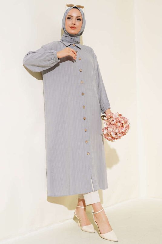 Wooden Buttoned Tree Bark Long Shirt Gray