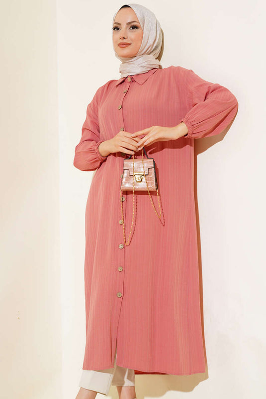 Tree Bark Long Shirt with Wooden Buttons, Dried Rose