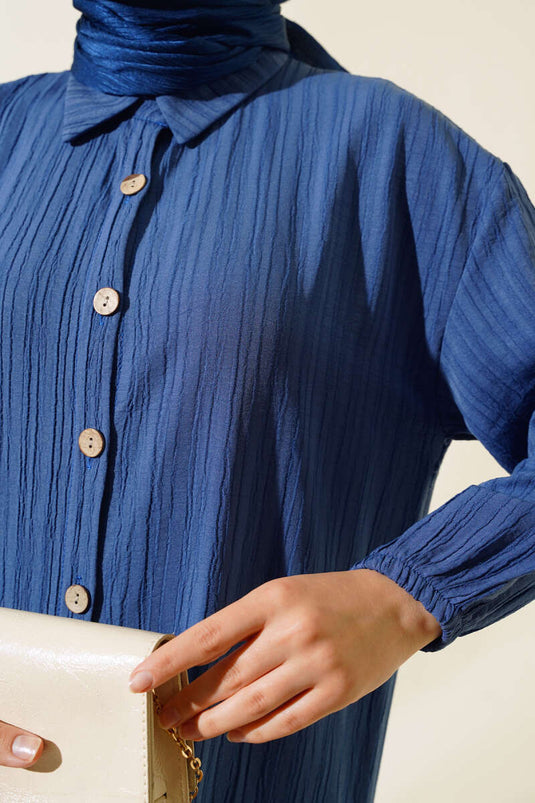 Long Tree Bark Shirt with Wooden Buttons in Indigo