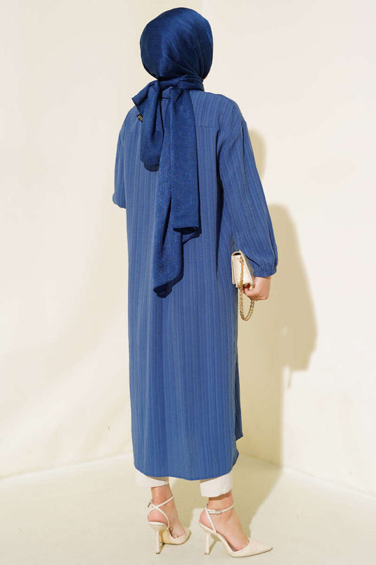 Long Tree Bark Shirt with Wooden Buttons in Indigo