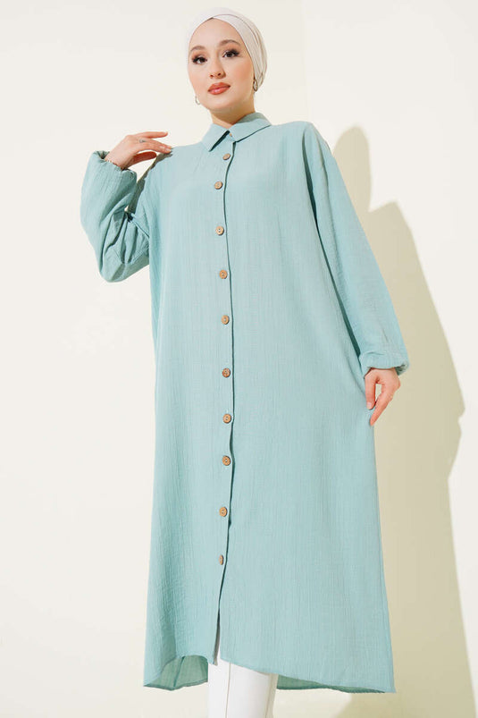 Long Tree Bark Shirt with Wooden Buttons, Mint
