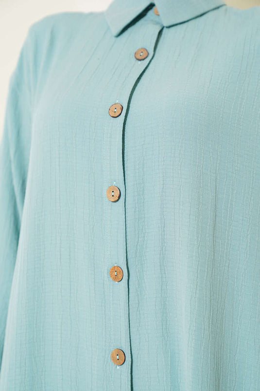 Long Tree Bark Shirt with Wooden Buttons, Mint