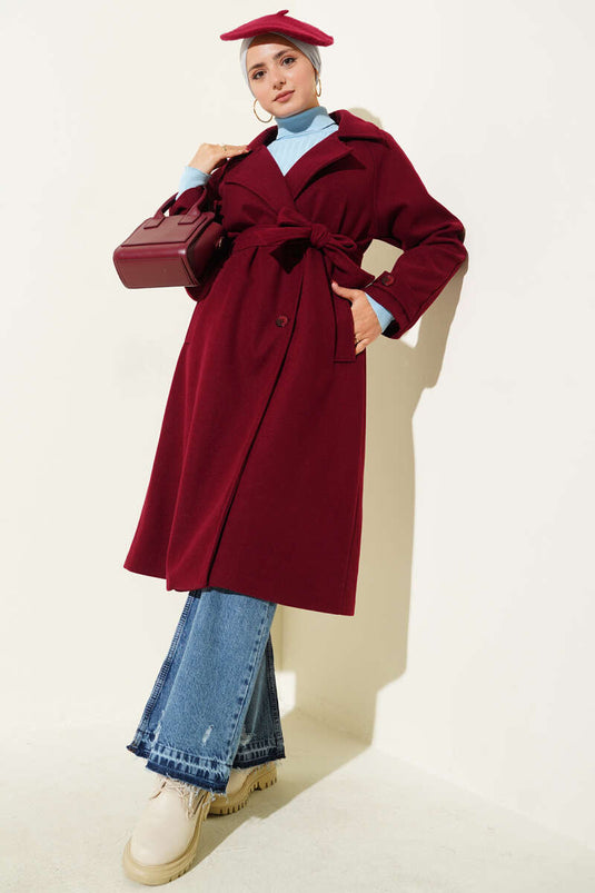 Burgundy Wooden-Buttoned Double-Breasted Kaşe Overcoat