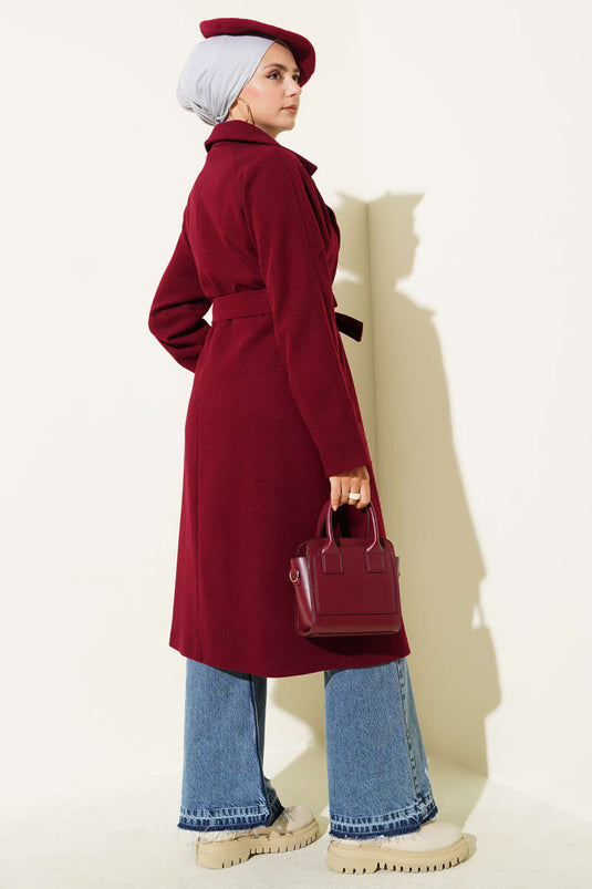 Burgundy Wooden-Buttoned Double-Breasted Kaşe Overcoat