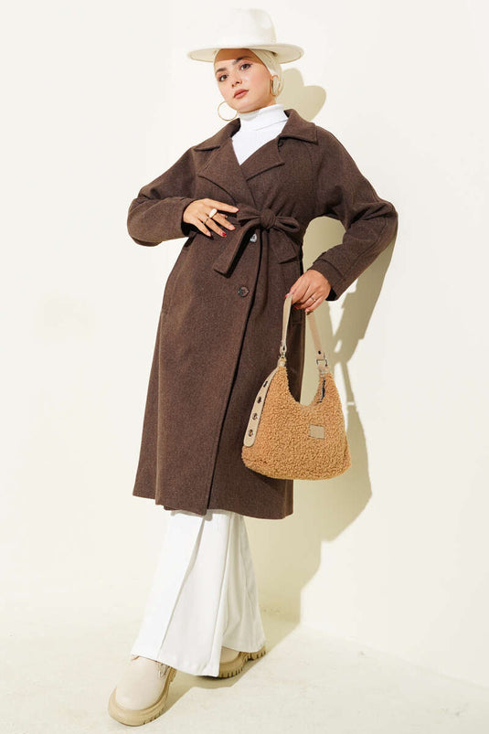 Tahta Düğmeli Kruvaze Yaka Kaşe Kaban Kahve