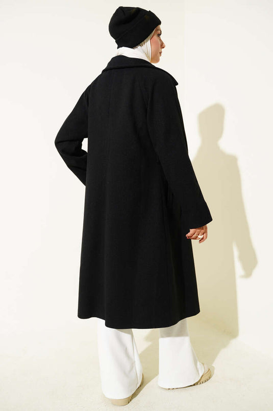 Tahta Düğmeli Kruvaze Yaka Kaşe Kaban Siyah