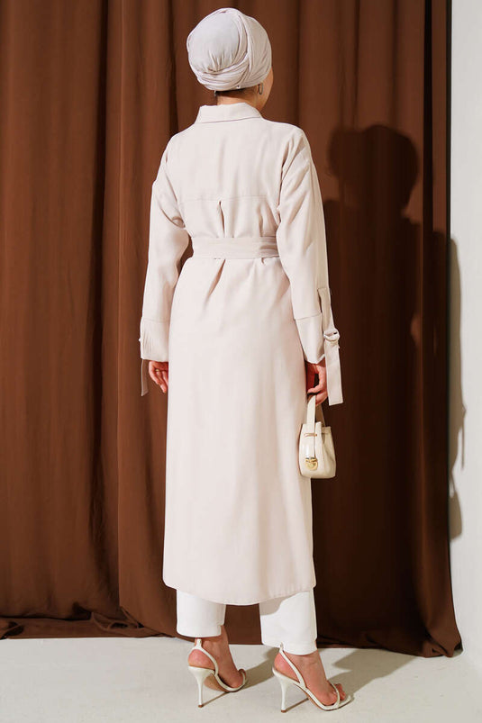 Wooden Buttoned Belted Tencel Long Shirt Beige