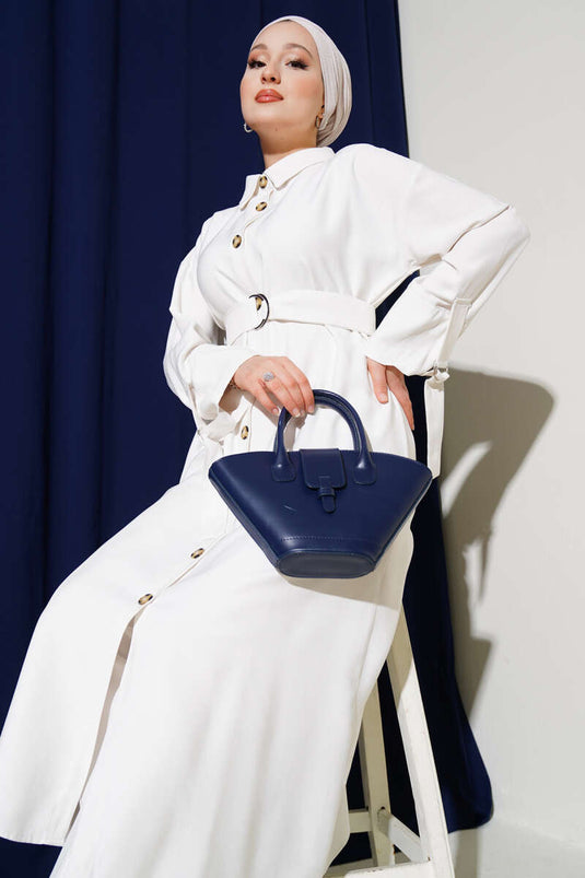 Wooden Buttoned Belted Tencel Long Shirt White