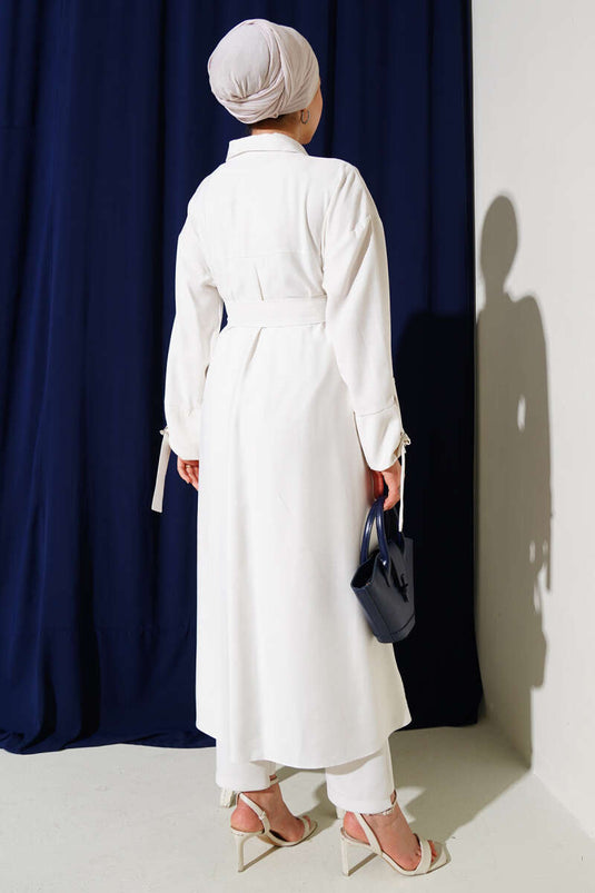 Wooden Buttoned Belted Tencel Long Shirt White