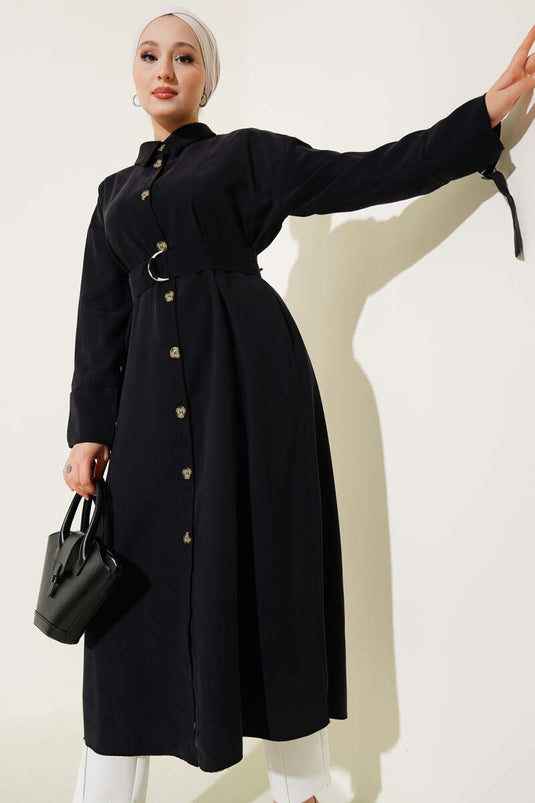 Tahta Düğmeli Kuşaklı Tensel Uzun Gömlek Siyah