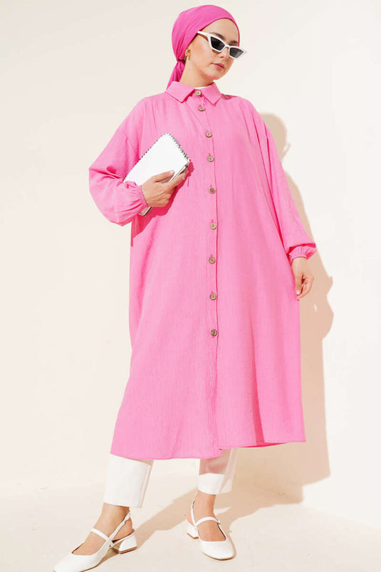 Tahta Düğmeli Uzun Tunik Pembe