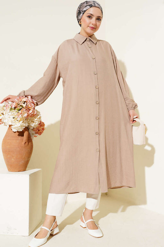 Tahta Düğmeli Uzun Tunik Vizon