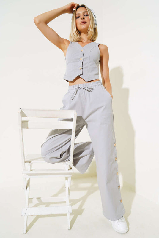 Two Piece Suit with Wooden Buttons and Vest in Gray