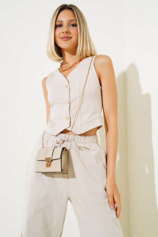 Two Piece Set with Wooden Buttons and Vest