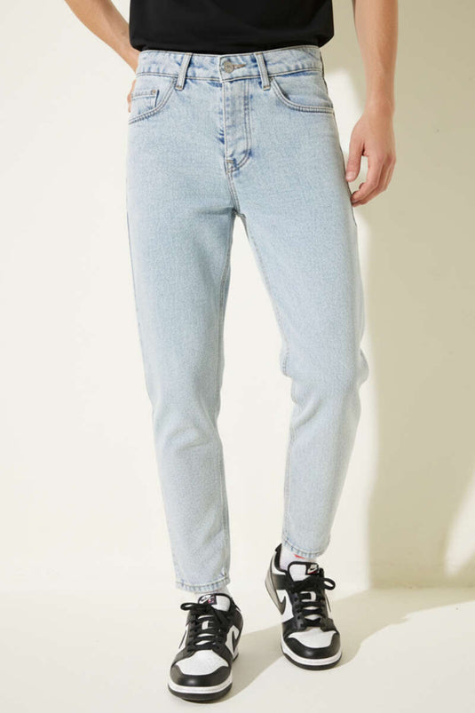 Tapered Fit Erkek Kot Pantolon Mavi Kar