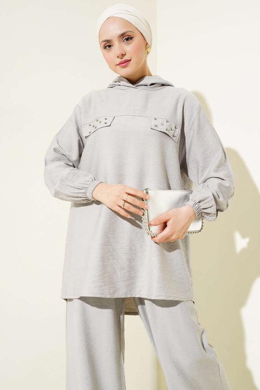 Zweiteiliges Tunika-Set mit Stein-Tasche und Klappe, Grau