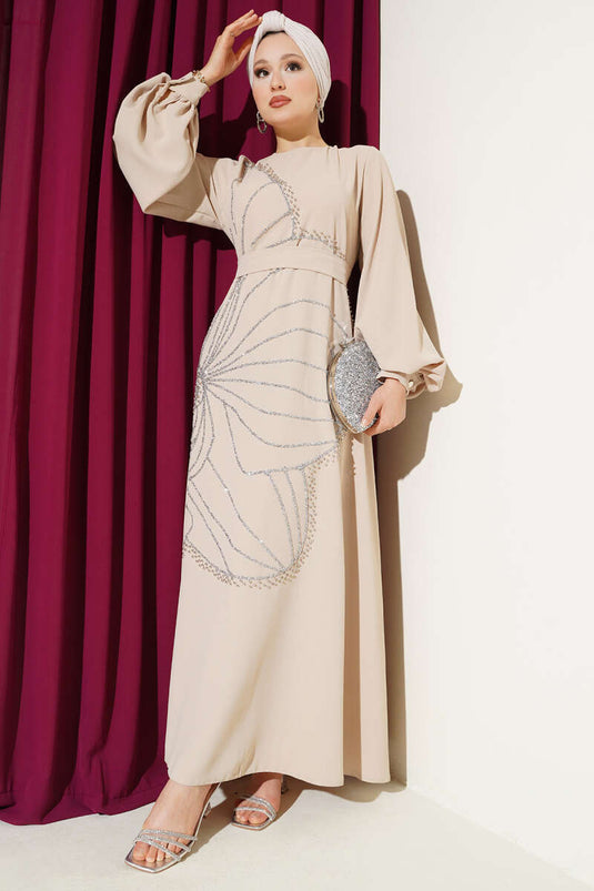 Beige Evening Dress with Stone Flower Embellishments