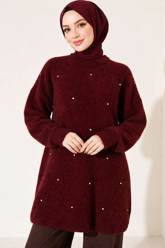 Taş Detaylı Angora Tunik Bordo