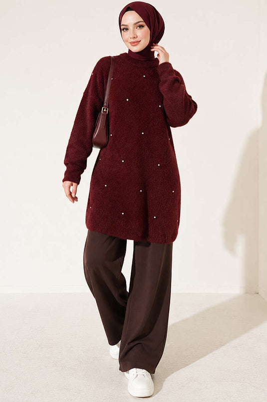 Taş Detaylı Angora Tunik Bordo