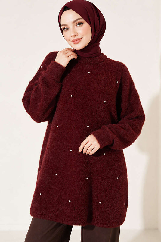Taş Detaylı Angora Tunik Bordo