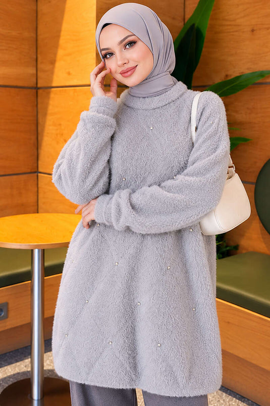 Taş Detaylı Angora Tunik Gri