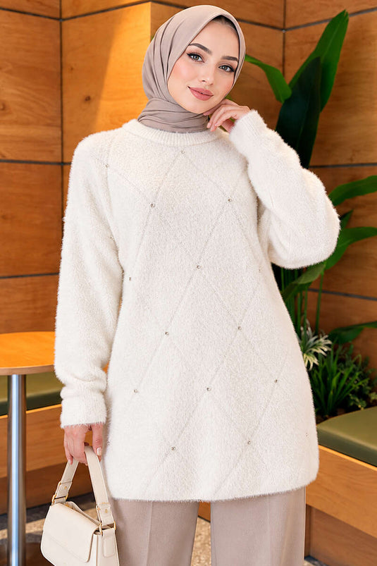 Taş Detaylı Angora Tunik Kemik