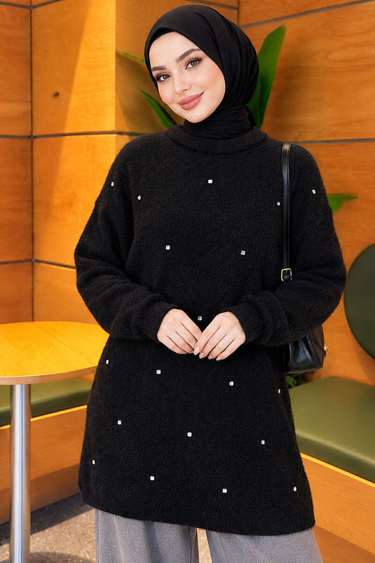 Taş Detaylı Angora Tunik Siyah