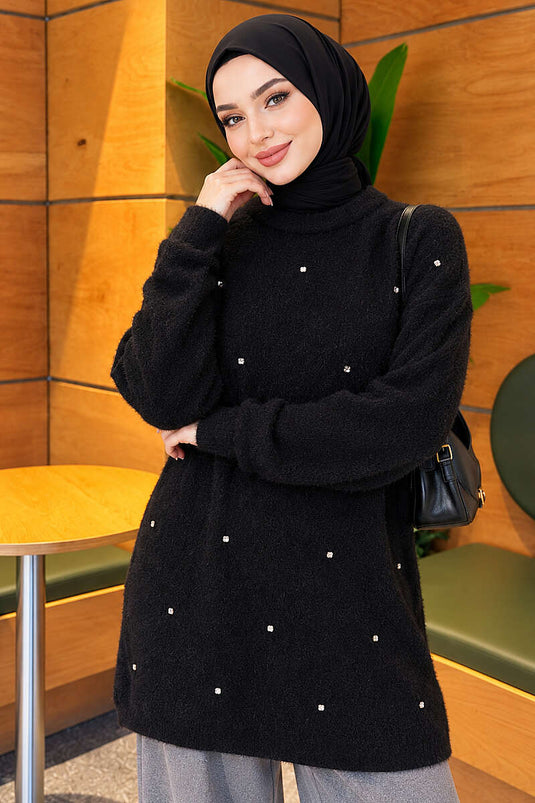 Taş Detaylı Angora Tunik Siyah