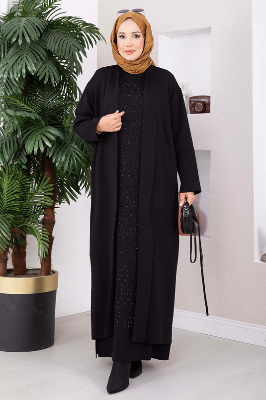 Ensemble Robe À Détails De Pierres Et Cardigan En Maille Noir