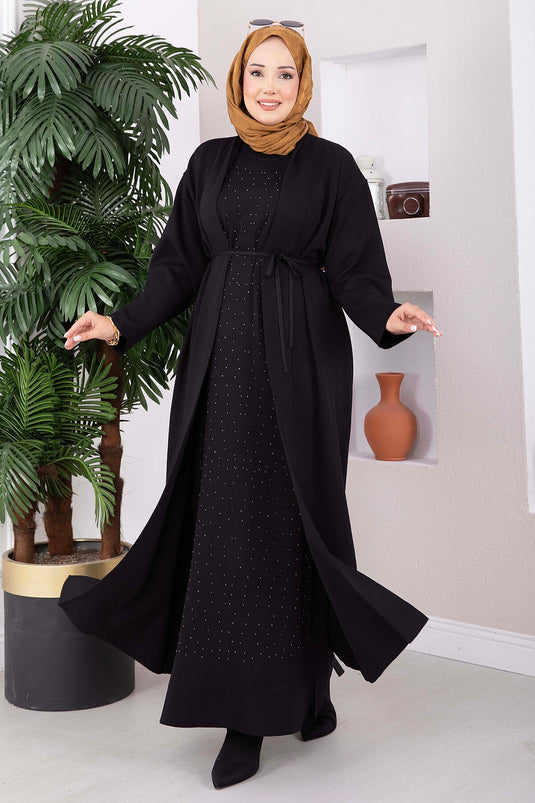Ensemble Robe À Détails De Pierres Et Cardigan En Maille Noir