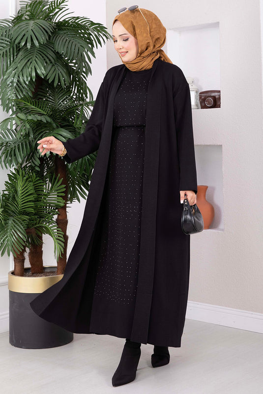 Ensemble Robe À Détails De Pierres Et Cardigan En Maille Noir