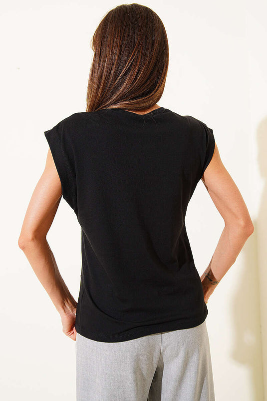 Taş Detaylı Basic T-shirt Siyah