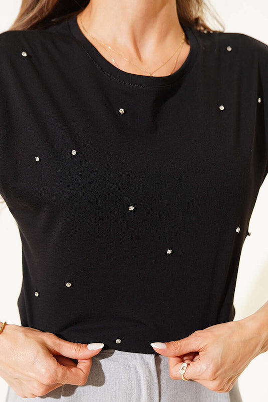 Taş Detaylı Basic T-shirt Siyah