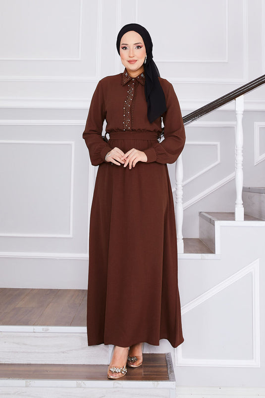 Stone Detailed Waist Pleated Hijab Dress Brown