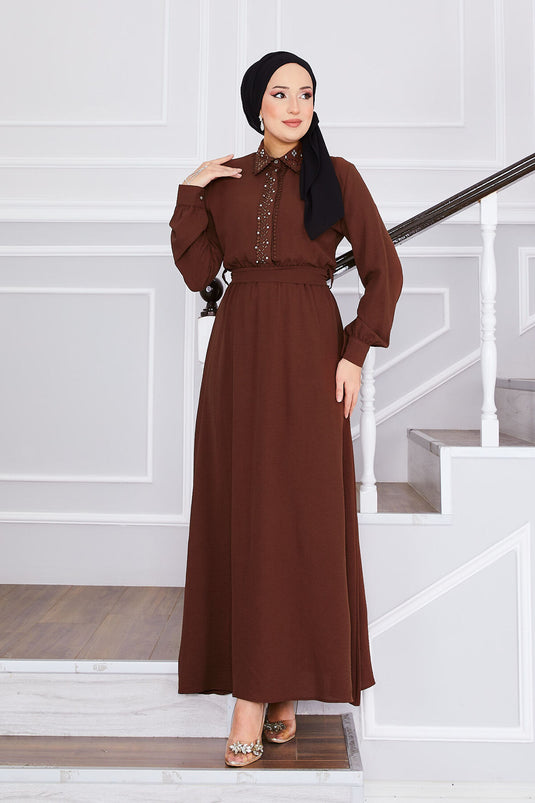 Stone Detailed Waist Pleated Hijab Dress Brown