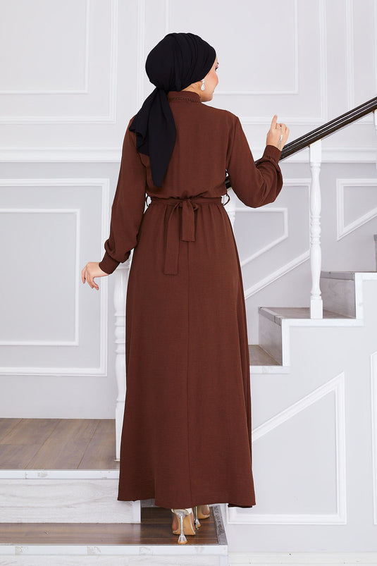 Stone Detailed Waist Pleated Hijab Dress Brown