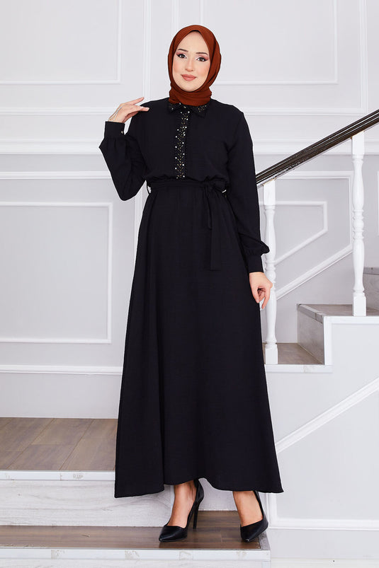 Stone Detailed Waist Pleated Hijab Dress Black