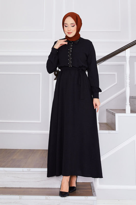 Stone Detailed Waist Pleated Hijab Dress Black