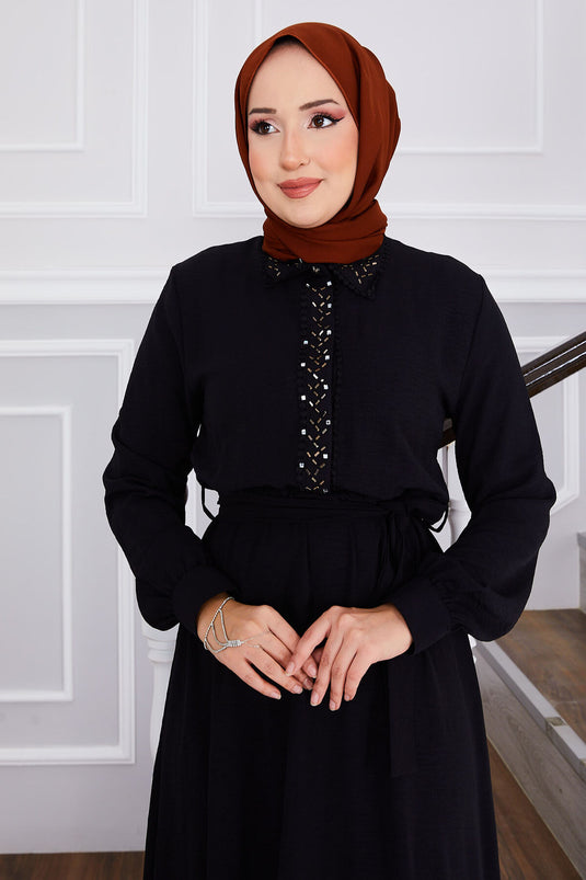 Stone Detailed Waist Pleated Hijab Dress Black