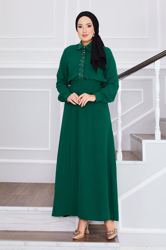 Hijab-Kleid mit Steindetails und plissierter Taille Smaragd