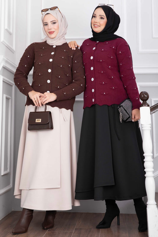 Burgundy Short Angora Cardigan With Embellished Buttons