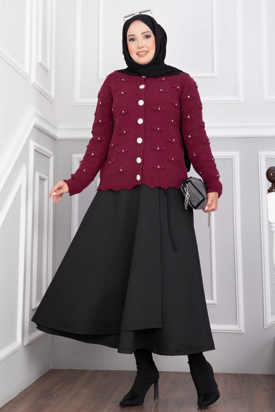 Burgundy Short Angora Cardigan With Embellished Buttons