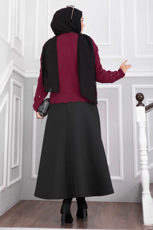 Burgundy Short Angora Cardigan With Embellished Buttons
